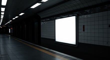 Empty subway station platform with a bright blank advertising billboard waiting for potential content display.