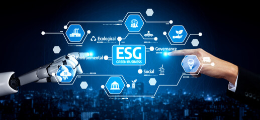Futuristic Concept of ESG Framework with Robotic Hand and Human Touch, Showcasing Environmental, Social, and Governance Aspects for Green Business Development. Tessel.