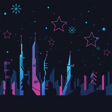 Futuristic city skyline with glowing stars and snowflakes at night
