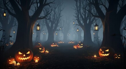 Fototapeta premium Enchanting Halloween night scene with glowing pumpkins and lanterns in spooky forest - perfect for festive social media campaigns and seasonal promotions