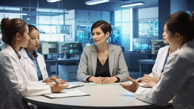 Four people in meeting, scientist women in lab coats, adult manager at round table. Science, technology and teamwork in laboratory environment.