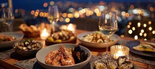 Romantic Night Dinner with Seafood and City Lights