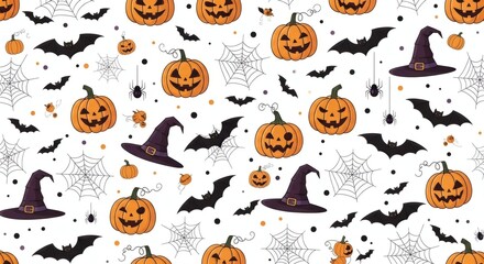 Spooky Halloween seamless pattern featuring pumpkins,bats, spiders, and witch hats for festive backdrops, product designs, and party invitations this season