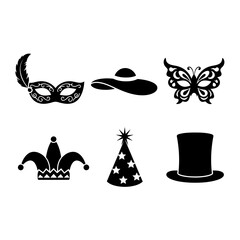 Vector art of set of party icons collection of festive symbols, including masks, hats, and party accessories for celebration
