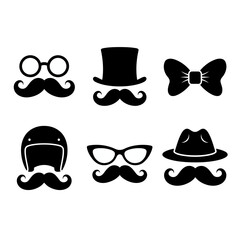 Vector art of collection of gentleman accessories, featuring glasses, top hat, bow tie, helmet, and fedora for a stylish and dapper look