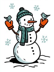 Snowman illustration wearing a knitted hat and scarf, holding birds in orange mittens, surrounded by falling snowflakes, capturing the essence of winter joy and playfulness