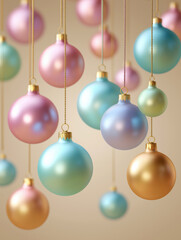 Fototapeta premium Colorful hanging ornaments in various sizes and shades of pink, blue, green, and gold create a festive atmosphere, perfect for holiday celebrations and seasonal decorations