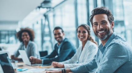 Obraz premium Diverse Group of Business Professionals Sitting at Conference Table in Modern Office.