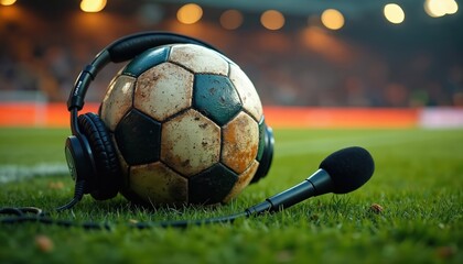 Soccer ball and headphones rest on green grass field near microphone. Sunset light illuminates stadium seats in background. Represents sports passion, broadcast, and commentary.
