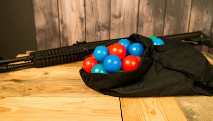 Colorful balls in black bag near gun