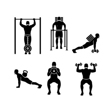 Vector art of collection of various workout and exercise icons, representing fitness, strength training, and healthy lifestyle activities