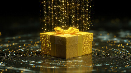 A holographic yellow gift box pulsating with streaming data and digital effects, giving it a futuristic, tech-inspired appearance.
