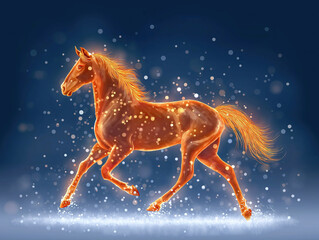 Majestic horse galloping gracefully through a sparkling winter landscape, illuminated by soft light, showcasing its powerful movement and vibrant mane in a magical atmosphere