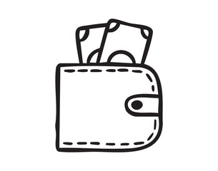 Wallet with money and bills, hand drawn doodle, line art, monochrome, hand drawn
