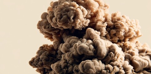 The image features a brown smoke cloud on white, paired with a brown splash painting on a white background, as brown powder and dust coalesce into a brown explosion that explodes and bursts in a
