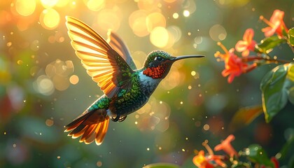 Hummingbird in flight, vibrant colors, bokeh effect