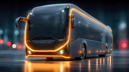 Futuristic illuminated bus in a night cityscape