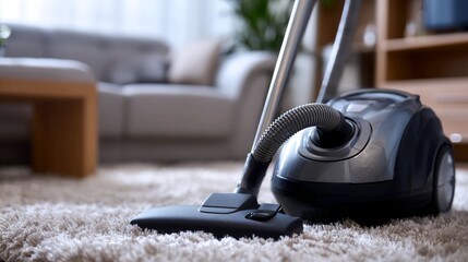 Vacuum cleaner on a carpet in a living room.