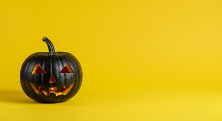 Obraz premium Black Halloween pumpkin with carved face on yellow background 