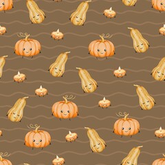 Seamless pattern with cute cartoonish watercolor pumpkins and candles on brown wavy lines. Autumn harvest design perfect for fabric, textile, wrapping paper, wallpaper, stationery, decoration