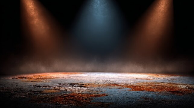 The ambiance of a dark concrete room with soft light rays makes it perfect for theater and event promotion or creative storytelling