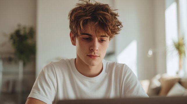 Young man with messy hair and pensive expression sitting indoors in natural light.