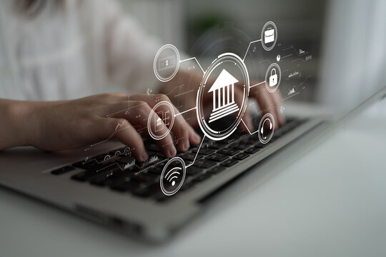 A concept of digital banking and online financial technology (FinTech) services. A central platform for secure transactions, support, and business finance. Motif