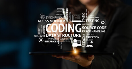 A captivating image showcasing coding concepts and keywords like data structure and source code on a tablet held by a professional in a creative environment. Tessel