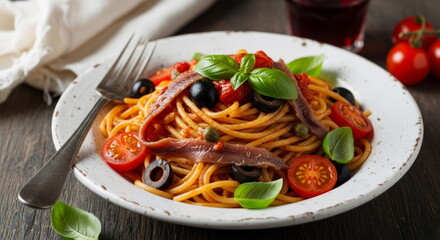 A plate of spaghetti with anchovies, tomatoes, olives, and basil on a rustic wooden table with a white napkin and a glass of red wine in the background.