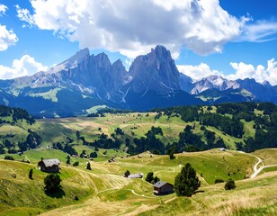 Panoramic mountain landscape with alpine huts