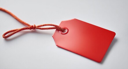 The image features a blank tag colored red with a black string on a white backdrop