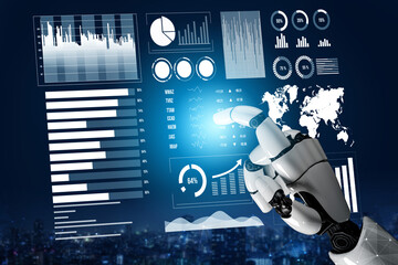 A futuristic robot hand interacts with a display of dynamic data visualizations, showcasing graphs, charts, and analytical metrics to symbolize technological innovation. Impute