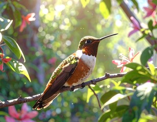 Hummingbird perched on branch, vibrant blossoms