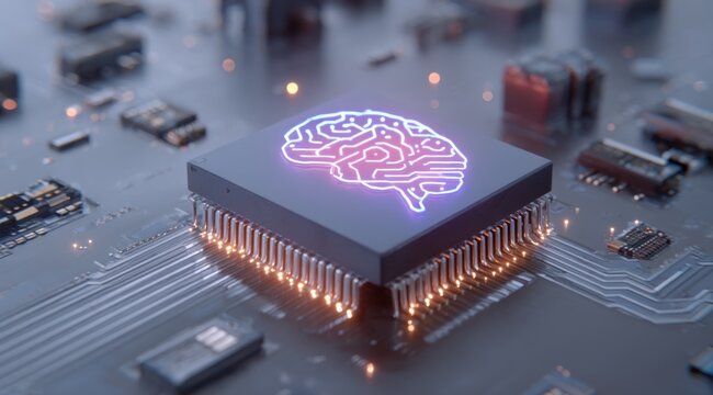 An Artistic Representation of a Microchip with a Neural Network Design, Symbolizing the Fusion of Technology and Intelligence in Modern Computing