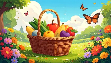 Colorful basket of fruit and vegetables in a garden