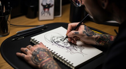 Tattoo artist sketching portrait in notebook at desk with pencil and tattoos visible