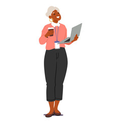 Elderly businesswoman cartoon character standing with coffee cup and laptop computer in hands