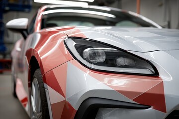 Closeup of sleek modern sports car with custom red and white geometric exterior wrap in a workshop