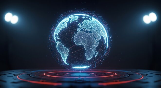 Digital globe hovers above a platform with glowing rings in a dark space. - Powered by Adobe