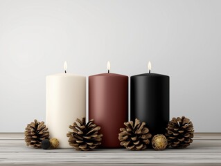 Three decorative candles in white, red, and black colors are arranged on a wooden surface with pine cones and natural elements, creating a cozy atmosphere for seasonal decor