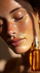 Radiant Close-Up of a Woman's Face with Dewy Skin and Freckles, Enhanced by a Golden Serum Bottle in Soft Natural Light