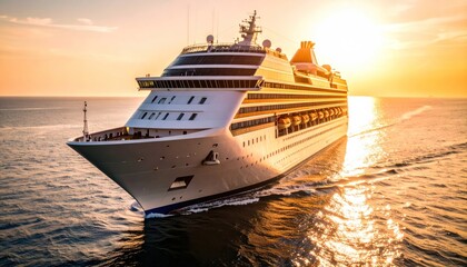 Luxury cruise ship at sunset with ocean travel, vacation, and scenic.