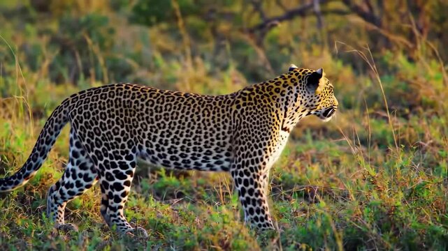Powerful Leopard Walking in Tall Grassland, wildlife, animal, nature, outdoors.