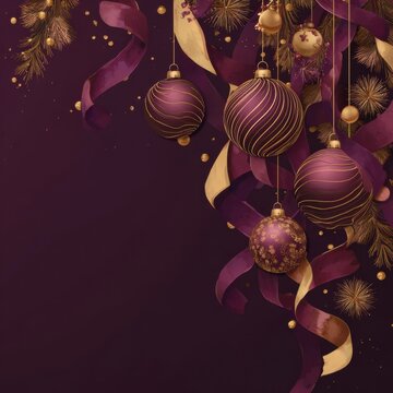 Elegant and Festive Decorations Featuring Ornaments, Ribbons, and Stars on a Rich Purple Background for a Joyous Celebration