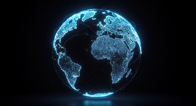 Digital globe with blue light effect on black background showing continents.