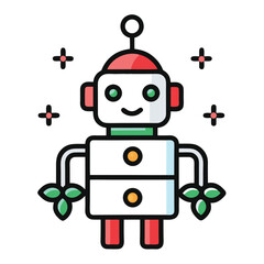 Naklejka premium Cute and friendly cartoon robot with green leafy arms and sparkles.