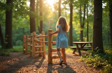 Little girl in light blue dress at wooden playground in Swedish forest. Golden hour sunlight streams through trees, illuminating nature scene. Girl holds onto fence, ready for adventure. Picnic table