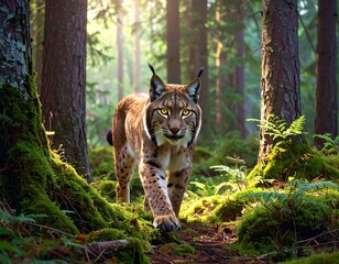 Lynx in a sunlit forest