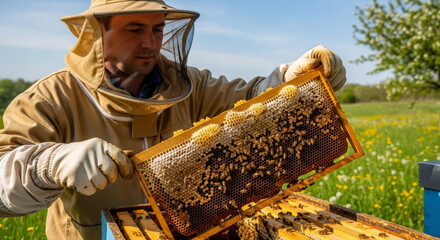 Beekeeper Holding a Honeycomb Frame Full of Bees and Honey