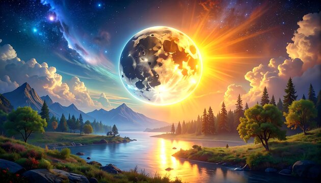 Cosmic landscape sunrise over a serene river - Powered by Adobe